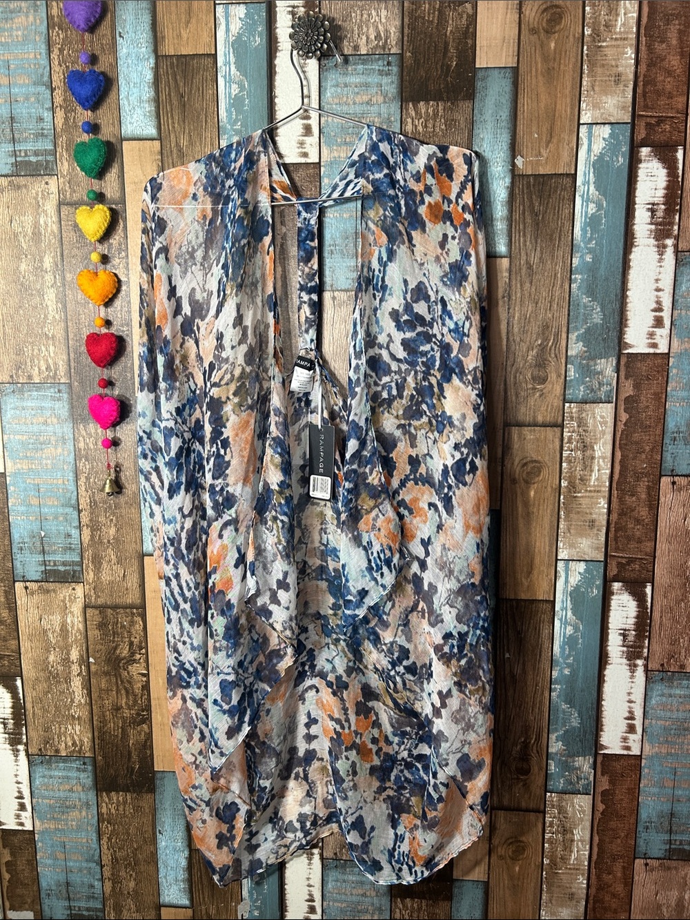 Rampage Sheer Watercolor Floral Kimono in Blue, Orange & Beige